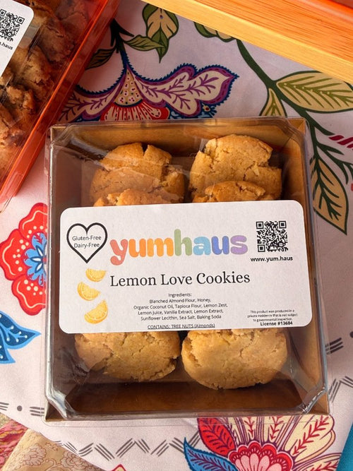 A box of Yumhaus gluten-free, dairy-free Lemon Love cookies